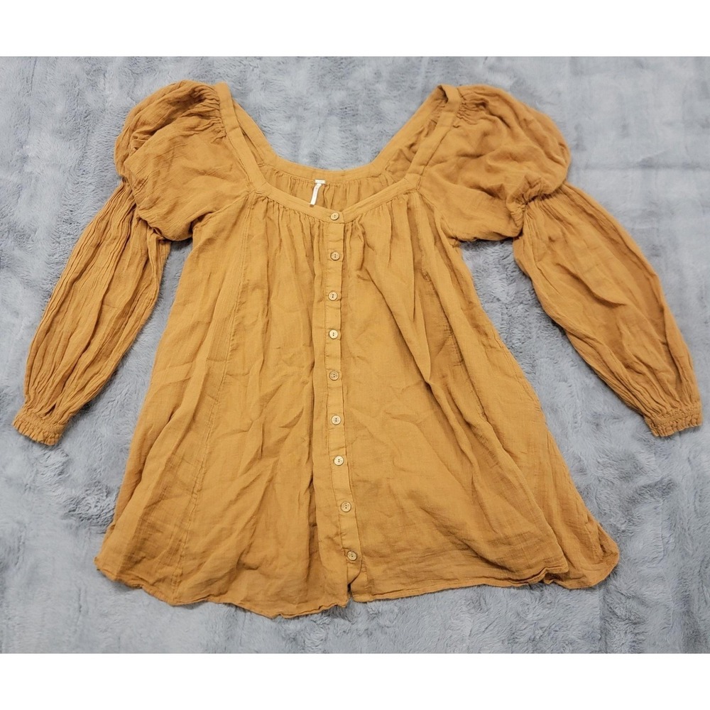 Free People Blouse Womens Small Brown Square Neck Puff Sleeve So Fresh Tunic Top